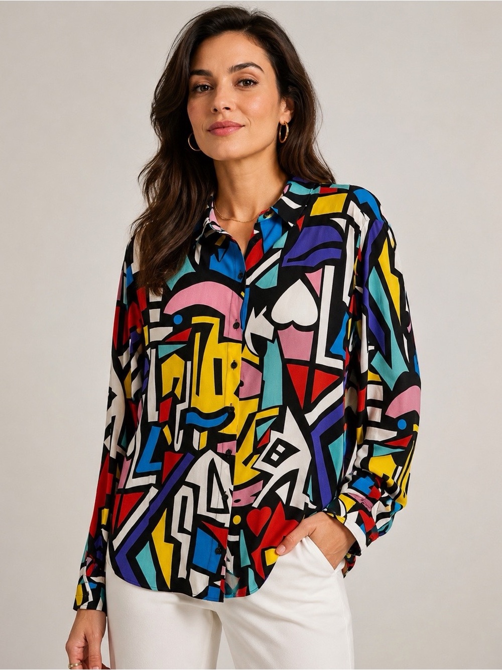 Women's Abstract Print Button-Down Blouse Size 3X